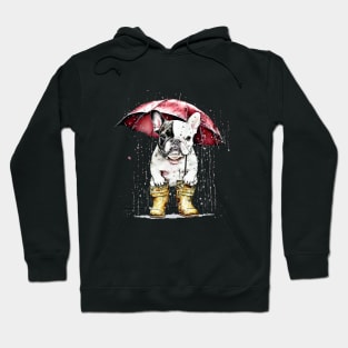 Cute french bulldog under the rain with red umbrella, vintage style, frenchie mon, frenchie dad, frenchie on vintage sun Hoodie